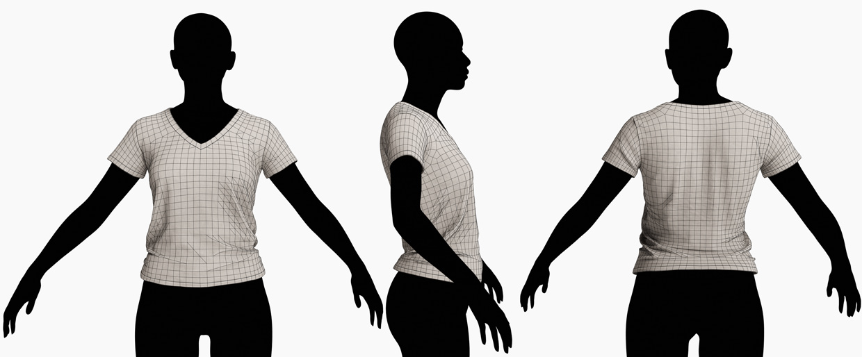 Wireframe view of female V-neck T-shirt 3D models ready for game engines